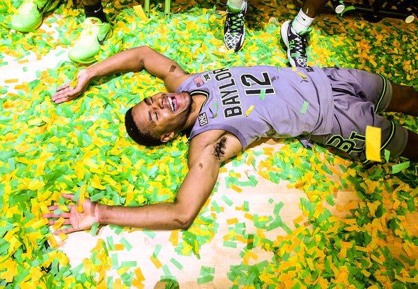 Baylor guard Jared Butler celebrates the Bears' Big 12 championship at the Ferrell Center on Sunday after BU defeated Texas Tech. Courtesy Rod Aydelotte / Waco Tribune-Herald