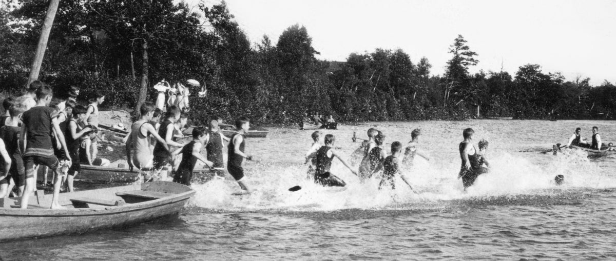Cadet campers running into the waters of Moosic Lake during the summer of 1915. The lake was just one attraction for children attending camp at the time. Courtesy Scranton Times-Tribune