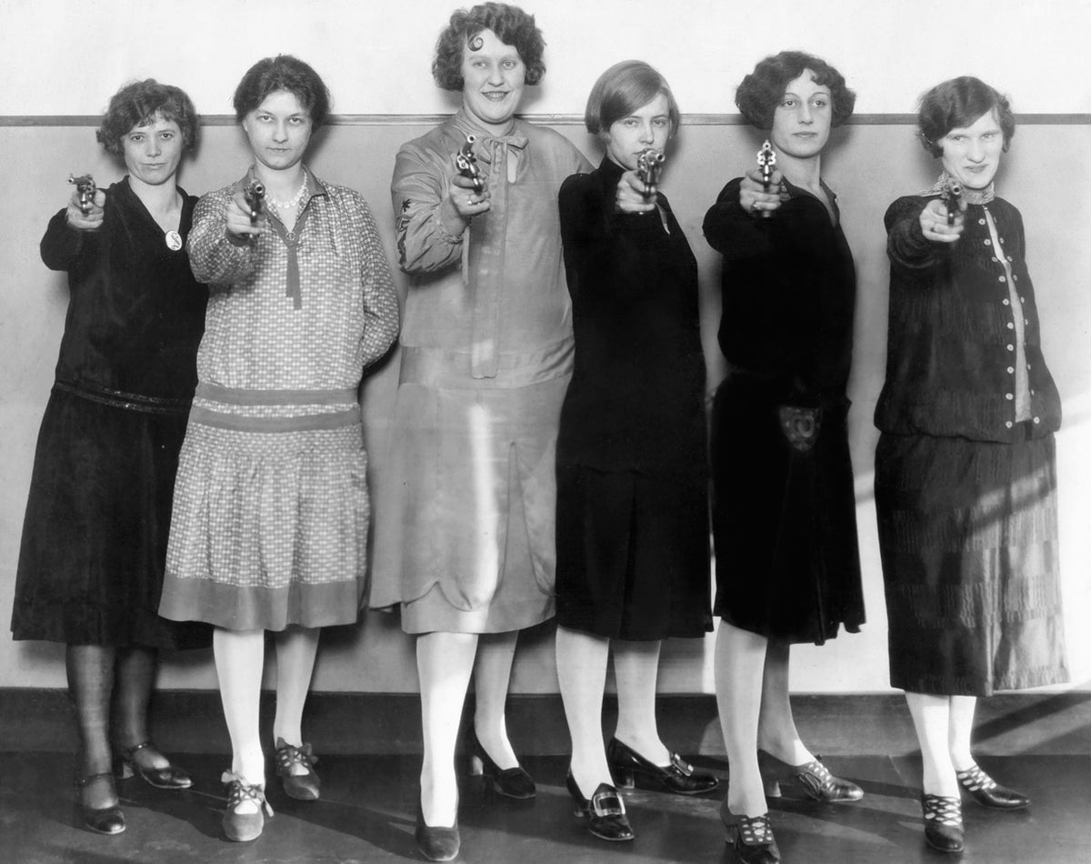 Employees of the First National Bank of Scranton being trained in how to fight bandits by expert marksman and former Scranton Police Chief Chris Rose, 1927. From left: Sophie Lewis, Ann Wright, Edith Hockenberry, Ruth Washer, Rita Malia, Josephine Sawicki. Courtesy Scranton Times-Tribune