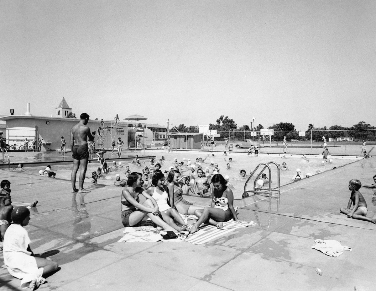 Swimmers at one of the three swimming pools constructed at Fresno, Roosevelt and Edison high schools, 1951. The pools were open to the public during the summer. Courtesy The Fresno Bee