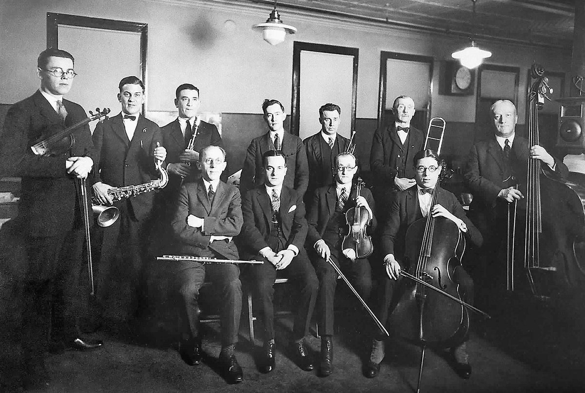 Members of the Strand Theater Orchestra, circa 1925. Seated, from left: Theodore Bauschmann, Frank Keller, Oscar T. Grambo and Manny Holland. Standing: Edward Cusick, director; Madea Cetta, Elmer Rennie, John King, Harry Meikrance and William Shiffer. The Strand, located at 421 Spruce St., was one of the finest theaters in the city and provided the house orchestra for stage productions in the 1920s. Courtesy Lackawanna Historical Society