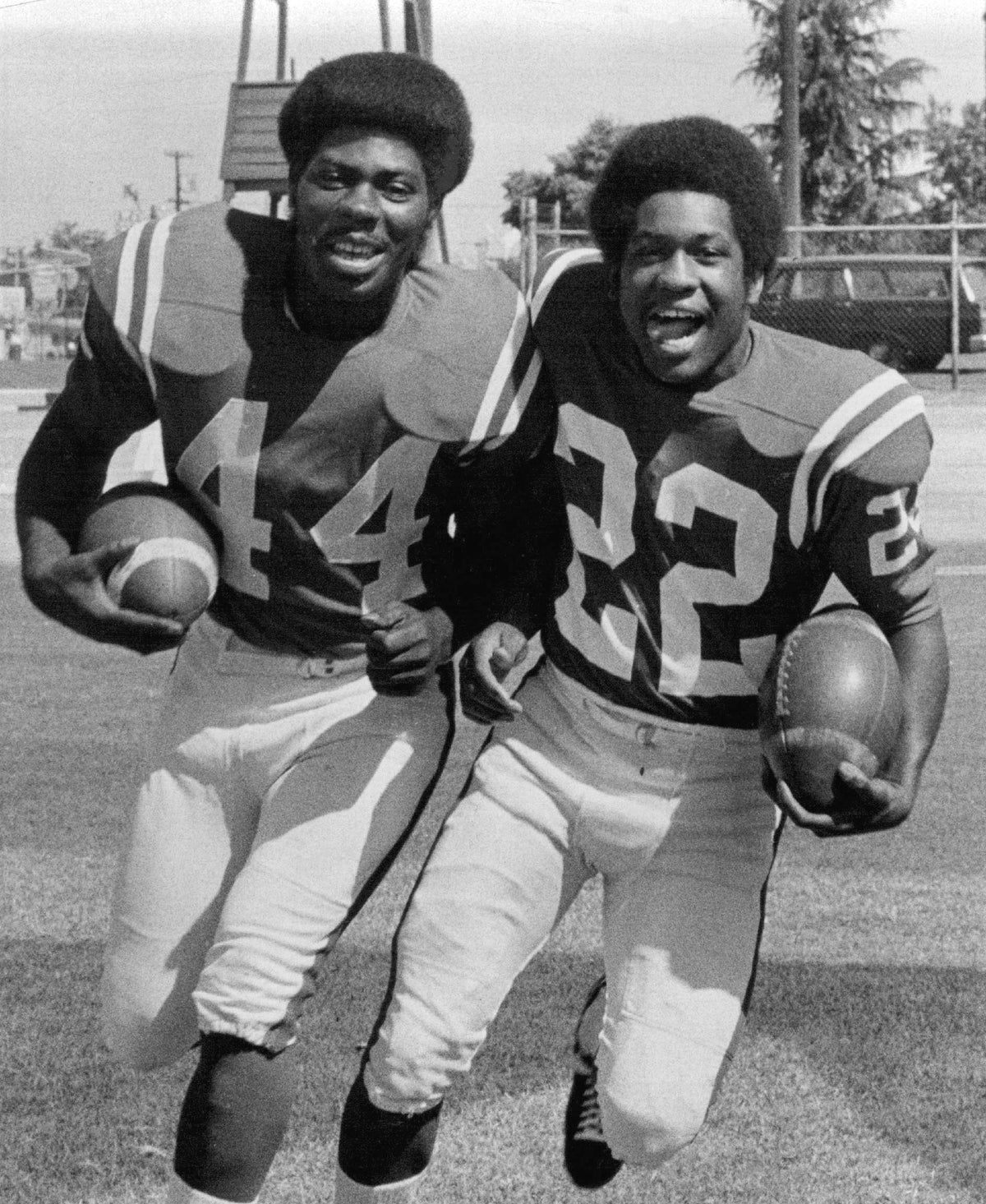 Fresno State College Bulldogs football players Herbie Phillips (44) and Henry Woodson (22), 1971. Courtesy The Fresno Bee