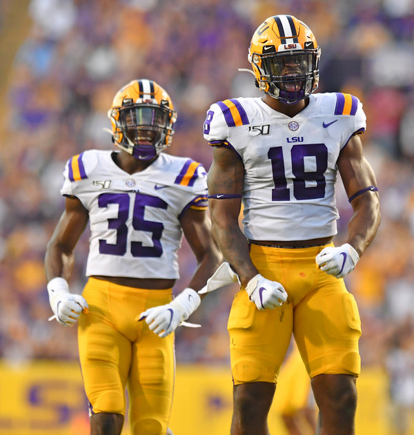LSU linebacker K'Lavon Chaisson (18) celebrates with linebacker Damone Clark (35) after taking down Georgia Southern quarterback Shai Werts in the first half against Georgia Southern, Aug. 31, 2019, at Tiger Stadium in Baton Rouge, La. Courtesy Hilary Scheinuk/The Advocate
