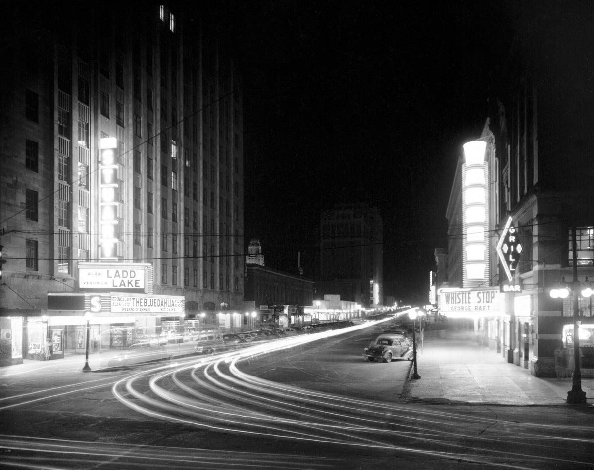 Night view of the Varsity and Stuart Theaters, May 22, 1946. Courtesy Nebraska State Historical Society / #RG2183.PH001946-000522-8