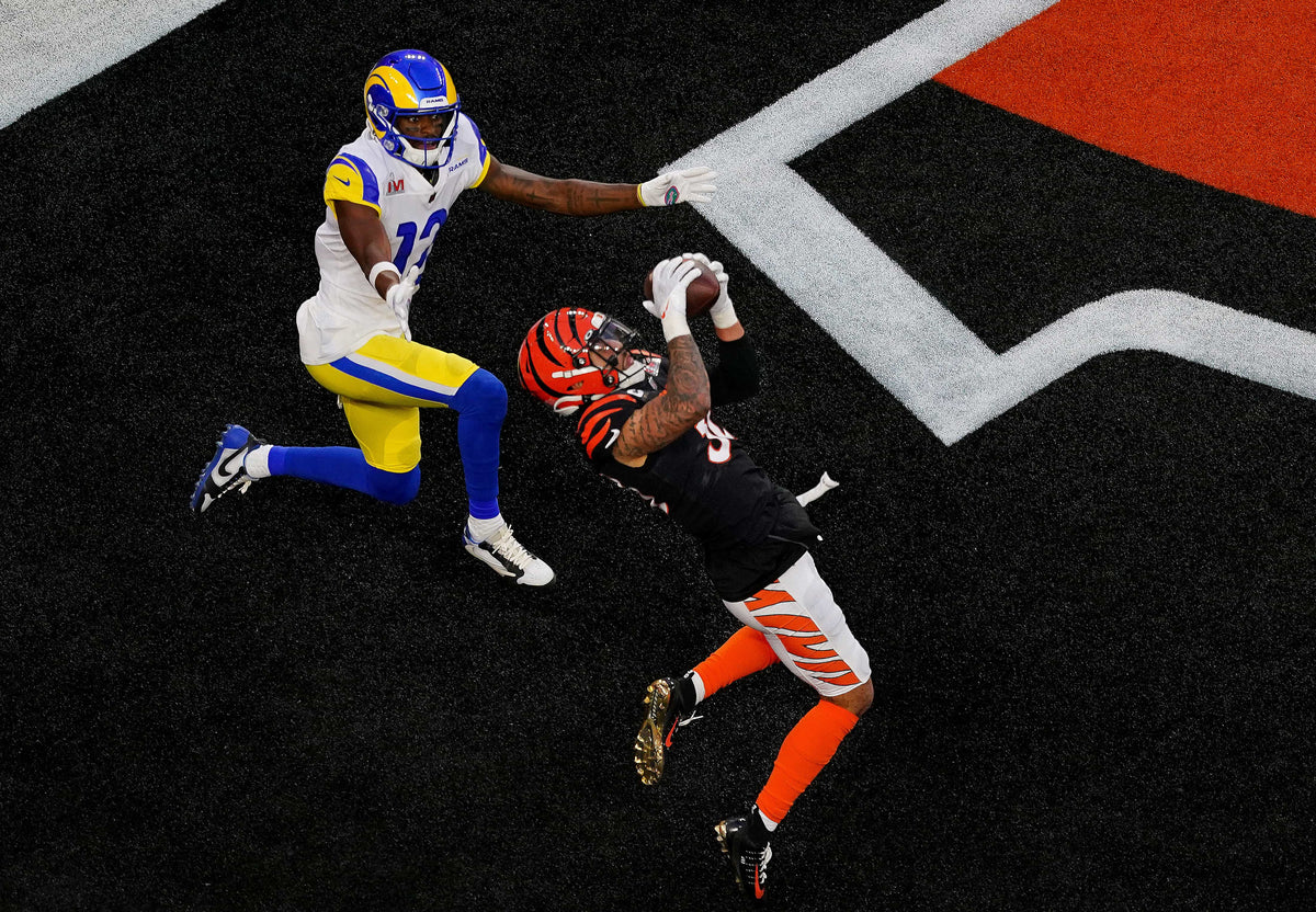 Cincinnati Bengals free safety Jessie Bates (30) intercepts a pass intended for Los Angeles Rams wide receiver Van Jefferson (12) in the second half during Super Bowl 56, Feb. 13, 2022. Albert Cesare/The Enquirer
