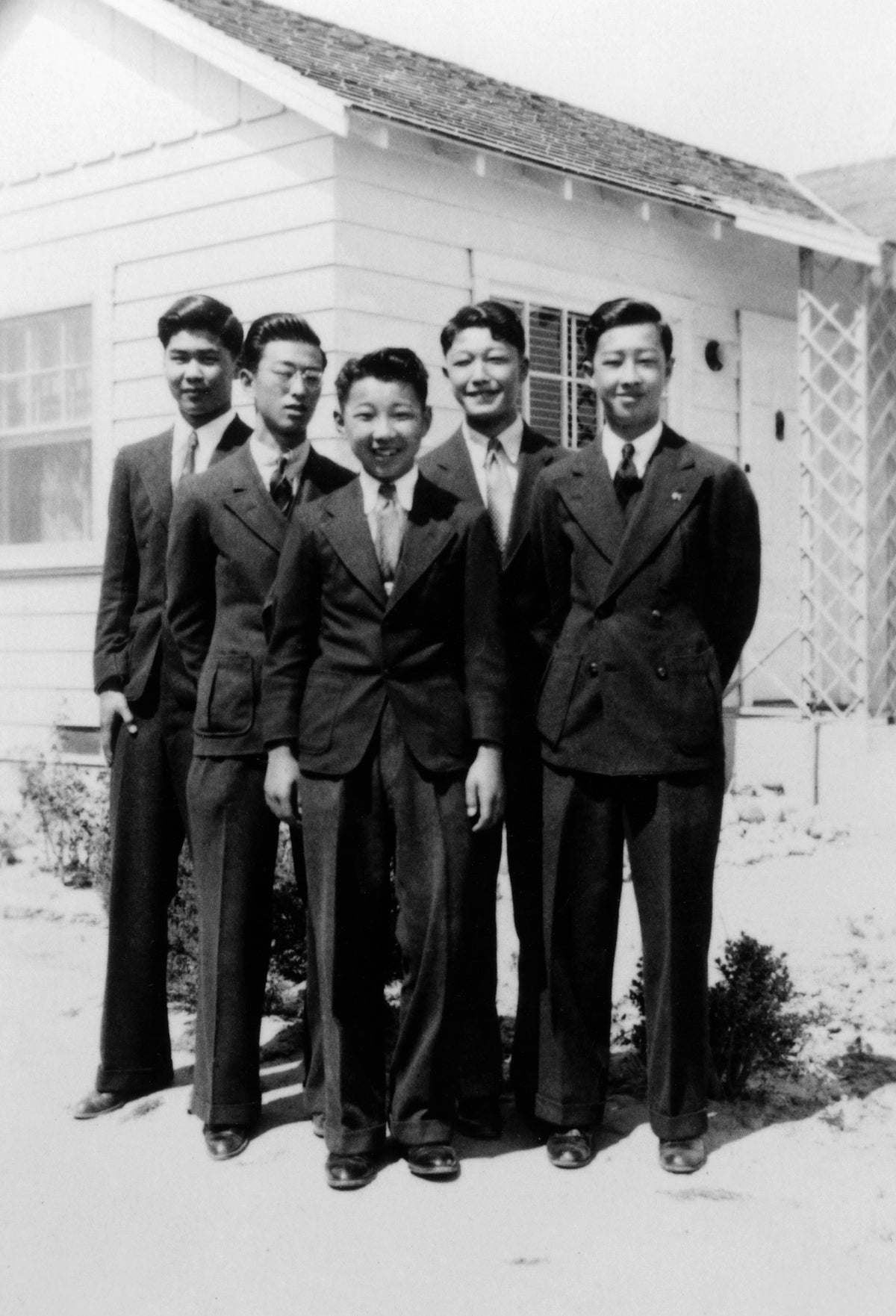 Boys youth group of the Japanese Free Methodist Church at 1024 North Palm Street in Anaheim, circa 1935. From left are Ben Watanabe, Sam Yano, Paul Yano, Musa Yano, and Hiro Kitauka. Courtesy Anaheim Public Library