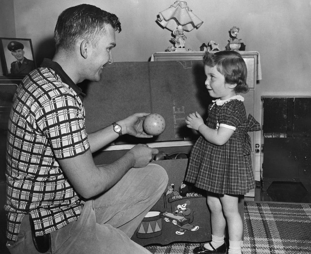 A picture of Mankato State Teachers College student Joe Stepka and daughter Kathy, early 1950s. Courtesy University Archives at Minnesota State University, Mankato