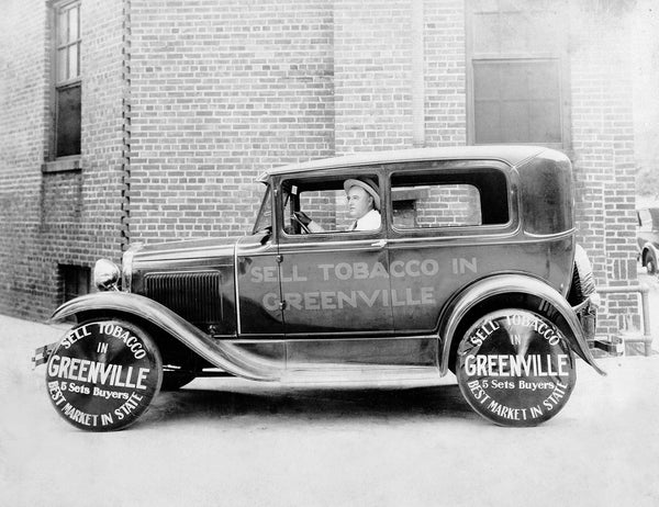 Advertising tobacco sales by automobile in Greenville, circa 1929. Courtesy East Carolina University Special Collections / #0039-b5-fa-i5