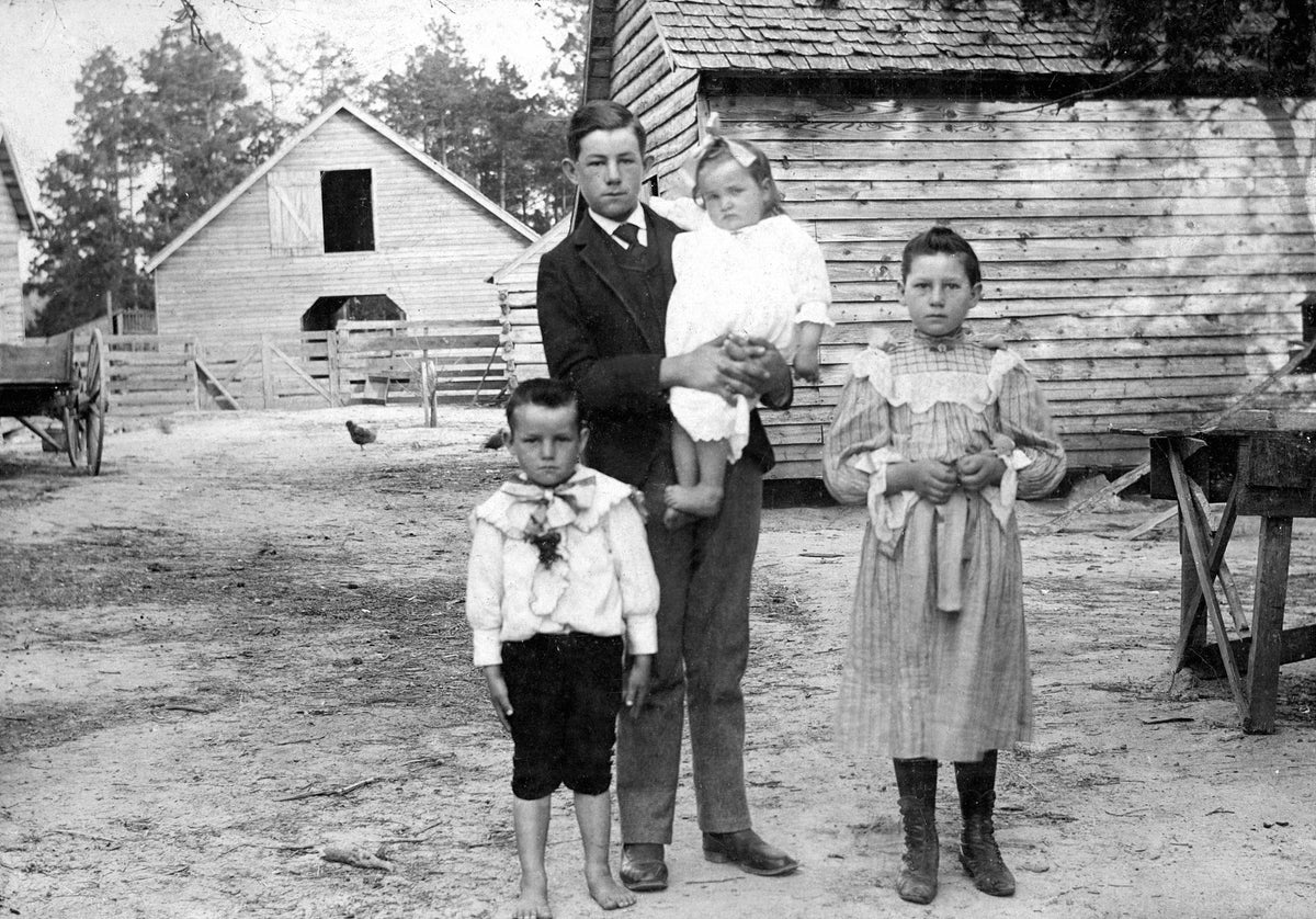 Simpson children (D.T. Simpson Sr’s children), behind the D.T. Simpson house on East Broad Street, Iva, 1897. From left to right: Hubert Simpson, Jesse Wilson Simpson Sr. (holding) Lucy Simpson Hanks and Thermutie Simpson Gailey. While the outbuildings no longer stand, the house is still there. Courtesy Kevin Metz