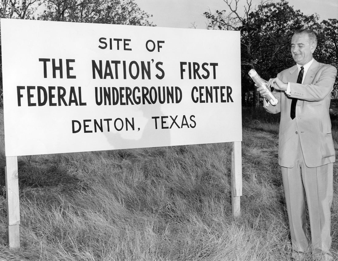 Senator Lyndon Johnson standing at the site of the nation’s first federal underground center, Denton, September 29, 1959. Opened in February 1964, this center was the first protected underground federal regional emergency operating center built in the nation. It ultimately became known as the FEMA Region VI Federal Regional Center. Courtesy Denton Public Library / #PF-B-232