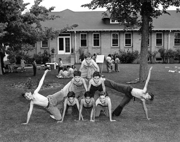 A group of boys forming a pyramid outside the Jewish National Home for Asthmatic Children in Denver, circa 1953. COURTESY BECK ARCHIVES, SPECIAL COLLECTIONS, UNIVERSITY LIBRARIES, UNIVERSITY OF DENVER, #B089.12.0020.0025.00005