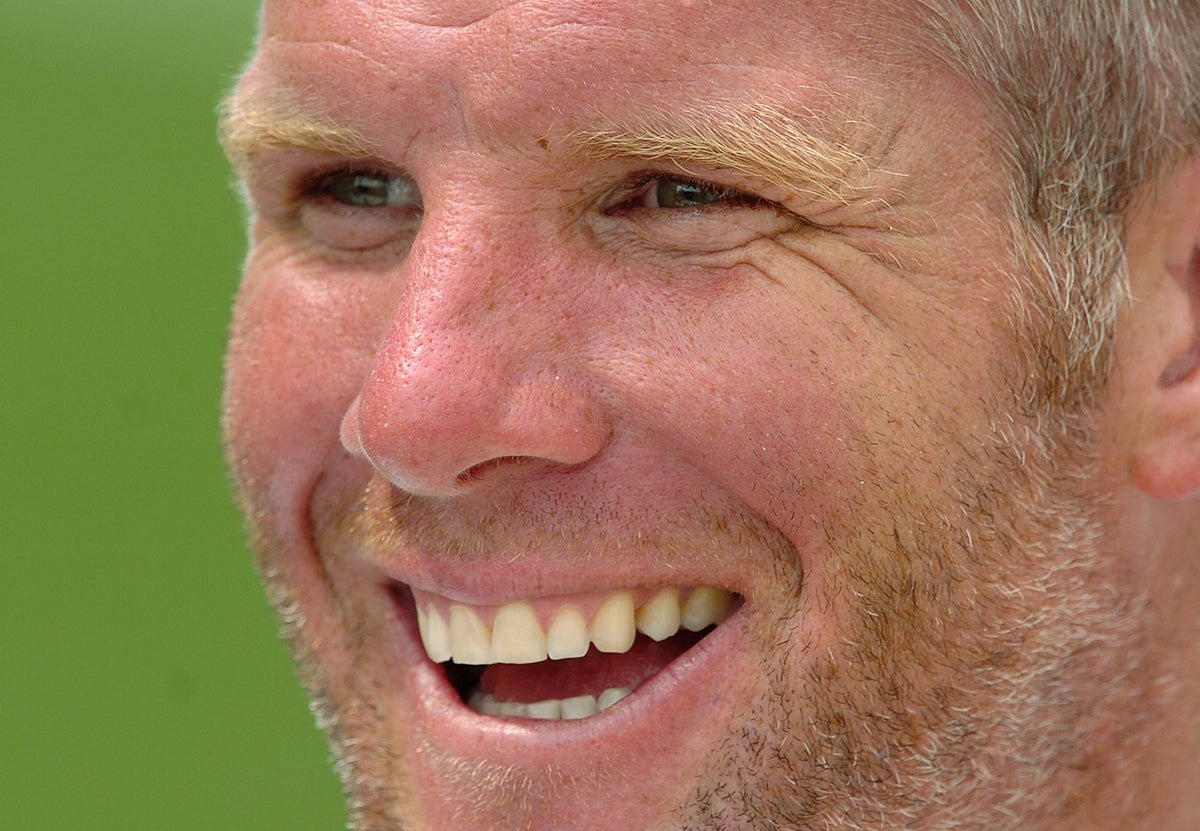 Brett Favre smiles between signing autographs at the autograph table following Green Bay Packers training camp at Clarke Hinkle Field on July 31, 2005. Photo by Corey Wilson/PackersNews.com