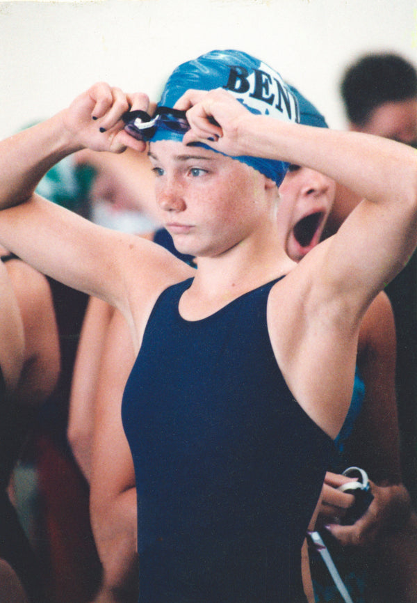 Bend resident Marisa Kozak getting ready to race at the 1996 Oregon State Long Course Championship Meet, 1996. Courtesy Michael Kozak