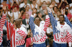 Michael Jordan, Clyde Drexler and Karl Malone at Barcelona Olympics 8/8/92 Brent Wojahn / The Oregonian