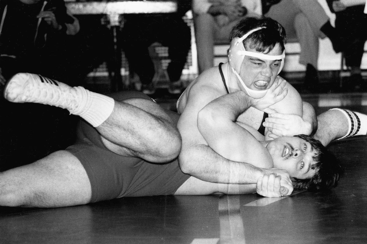 Bob Muth, top, a highly decorated heavyweight wrestler for Allegheny College, circa 1983. Muth won the Division III heavyweight wrestling title in 1983 by defeating 325-pound Malcolm McLeod in the finals, 5-4, and four consecutive Presidents' Athletic Conference championships, finishing his career at Allegheny with a record of 106-14-6. Courtesy Allegheny College
