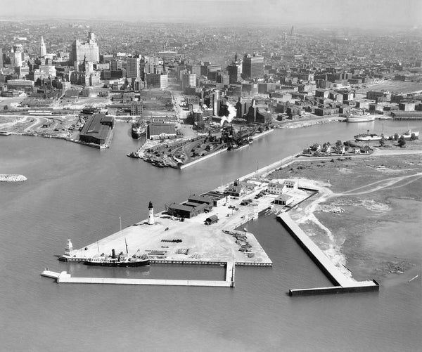 An aerial view of Buffalo Harbor and the Buffalo cityscape in November 1938. Courtesy Buffalo News archives