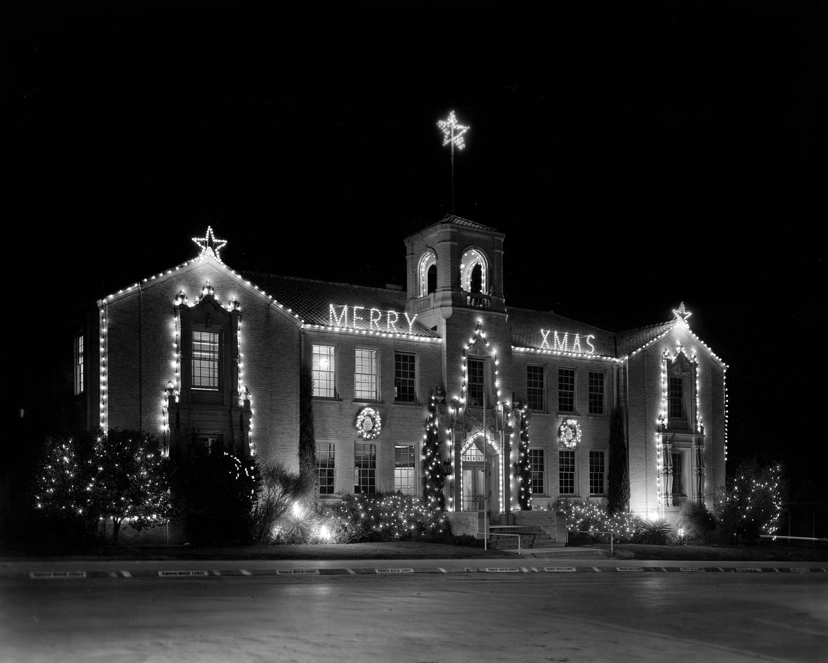 Christmas decorations lighting up the 1927 Denton City Hall at 221 North Elm Street, December 1945. Courtesy Denton Public Library / #PF_C-7