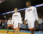 Virginia's guard Kyle Guy (5) and guard De'Andre Hunter (12)  before taking on Gardner-Webb in the first round of the men's NCAA tournament at Colonial Life Arena. Courtesy Zack Wajsgras/The Daily Progress