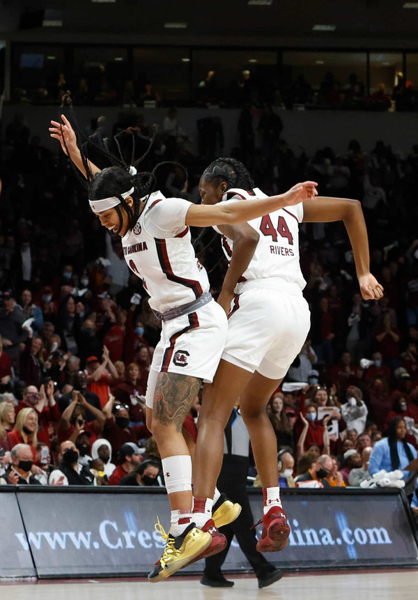 South Carolina’s Destanni Henderson (3) and Saniya Rivers (44) celebrate while playing Tennessee on Feb. 20, 2022, in Colonial Life Arena. Tracy Glantz / The State
