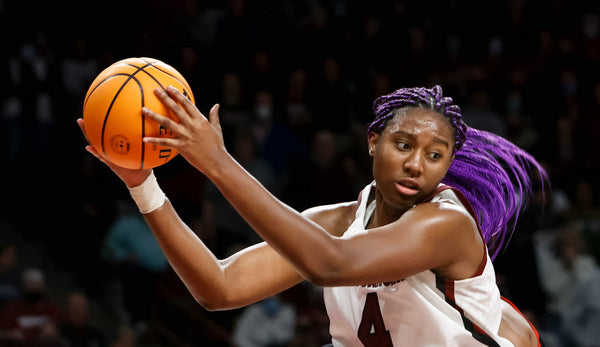 South Carolina’s Aliyah Boston (4) pulls down a rebound to keep possession during the final seconds against Maryland, Dec. 12, 2021, in Colonial Life Arena. USC won, 66-59. Tracy Glantz / The State