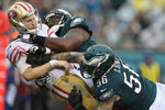 Pick-six: Eagles cornerback Jalen Mills returns his interception of C.J. Beathard’s pass 37 yards for a touchdown. Courtesy Clem Murray / Staff Photographer