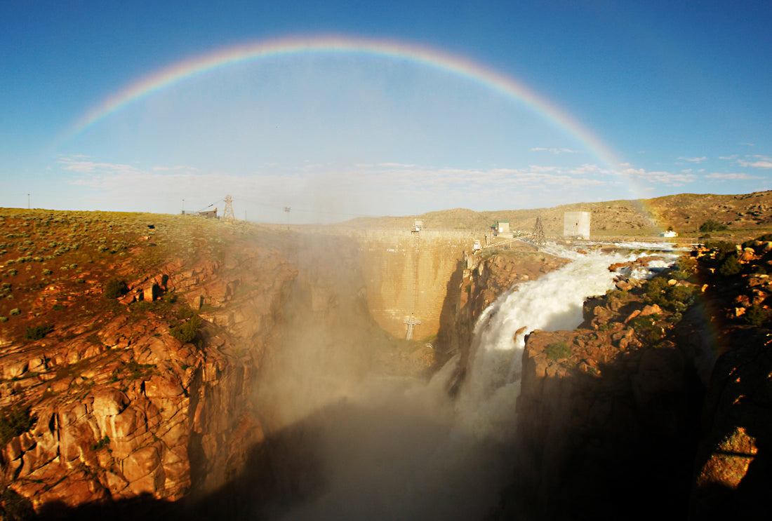A rainbow resulting from water rushing over the spillway at Pathfinder Dam on June 19, 2010. The water gushed over the spillway for the first time since 1984 due to heavy snow melt and an unusually wet spring. Casper Star-Tribune