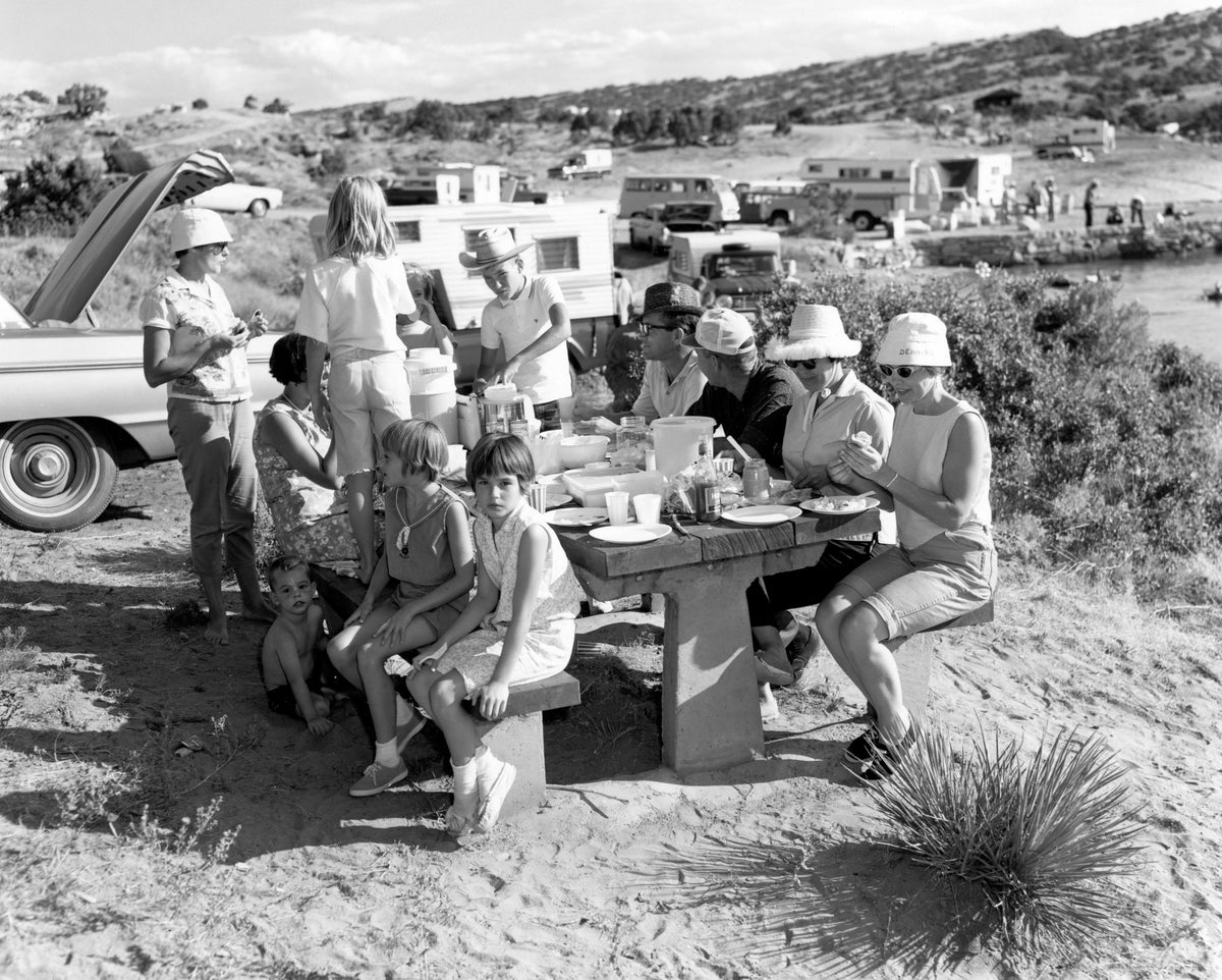 The Orval Dehning family of Casper sharing a meal with friends at the Cottonwood Bay Recreation Area on the Alcova Reservoir, July 27, 1968. Courtesy Casper College Western History Center