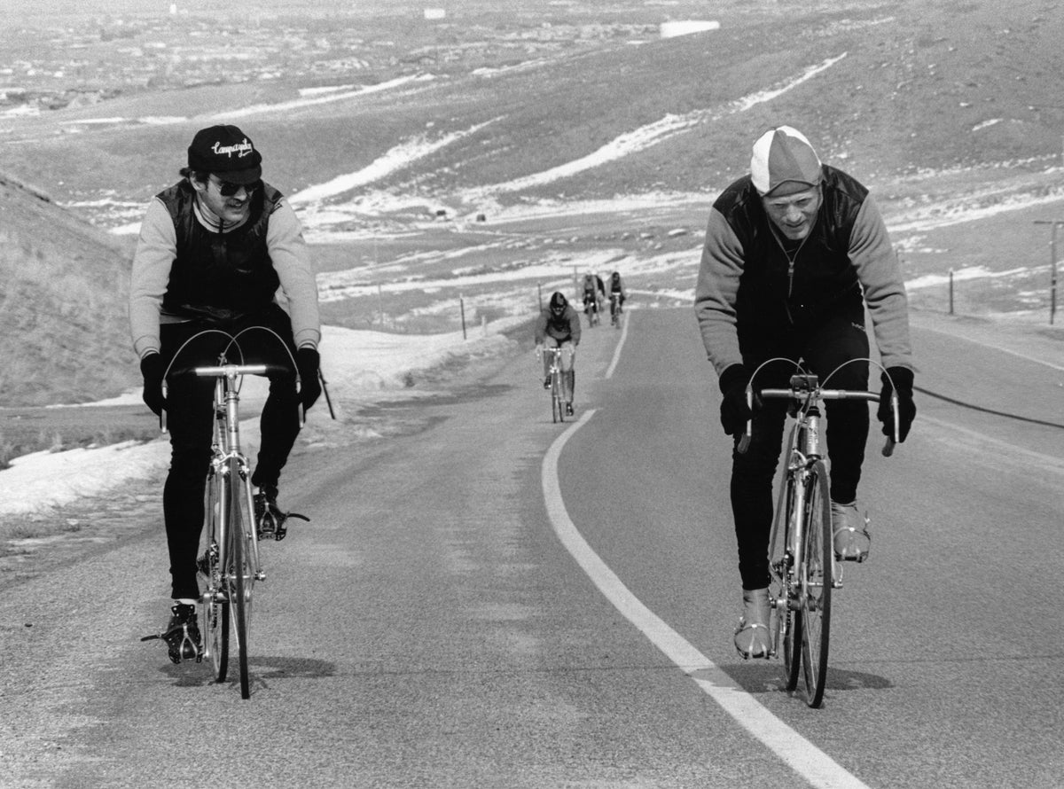 Casper Bicyclists Club members pedaling up Casper Mountain at the first sign of spring in March 1984. The club held regular meetings at the library. Courtesy Casper College Western History Center