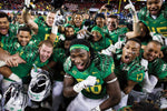 Prevot (86), Troy Hill (13) and teammates whoop it up on the field at Levi’s Stadium after time expires and the Ducks secure their fourth conference championship in six seasons. Thomas Boyd/The Oregonian/OregonLive