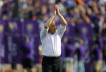 Orlando City coach Adrian Heath acknowledges the sold-out Citrus Bowl crowd before the Lions’ inaugural MLS game. Jacob Langston / Orlando Sentinel