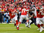 Kansas City Chiefs quarterback Patrick Mahomes throws the first touchdown pass in the second quarter to tight end Travis Kelce on January 12, 2020, at Arrowhead Stadium in Kansas City, Missouri, during the AFC divisional championship game against the Houston Texans. Courtesy Jill Toyoshiba / The Kansas City Star