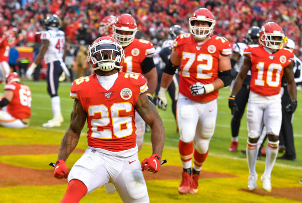 Kansas City Chiefs running back Damien Williams celebrates his first of two touchdowns in the third quarter against the Houston Texans on January 12, 2020, at Arrowhead Stadium in Kansas City, Missouri. Courtesy Rich Sugg / The Kansas City Star
