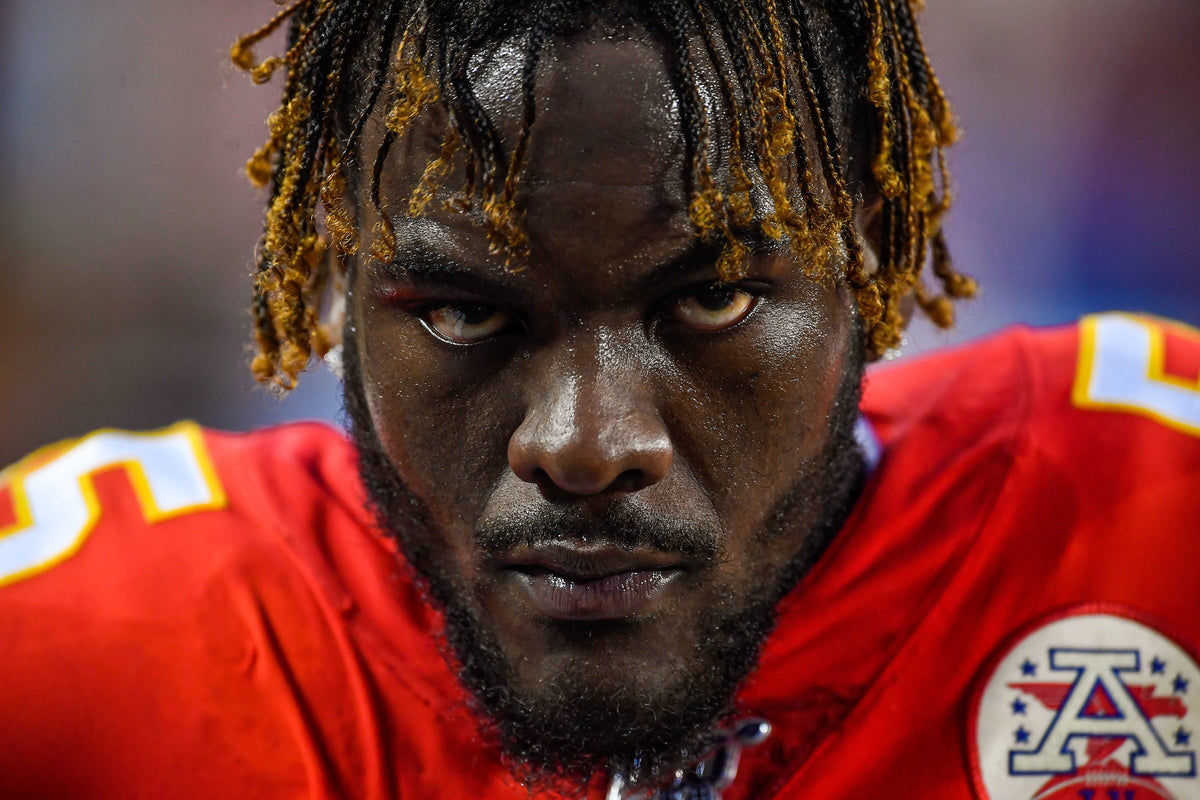 Kansas City Chiefs defensive end Frank Clark waits to get back on the field to take on the Houston Texans on January 12, 2020, at Arrowhead Stadium in Kansas City, Missouri. Courtesy Rich Sugg / The Kansas City Star