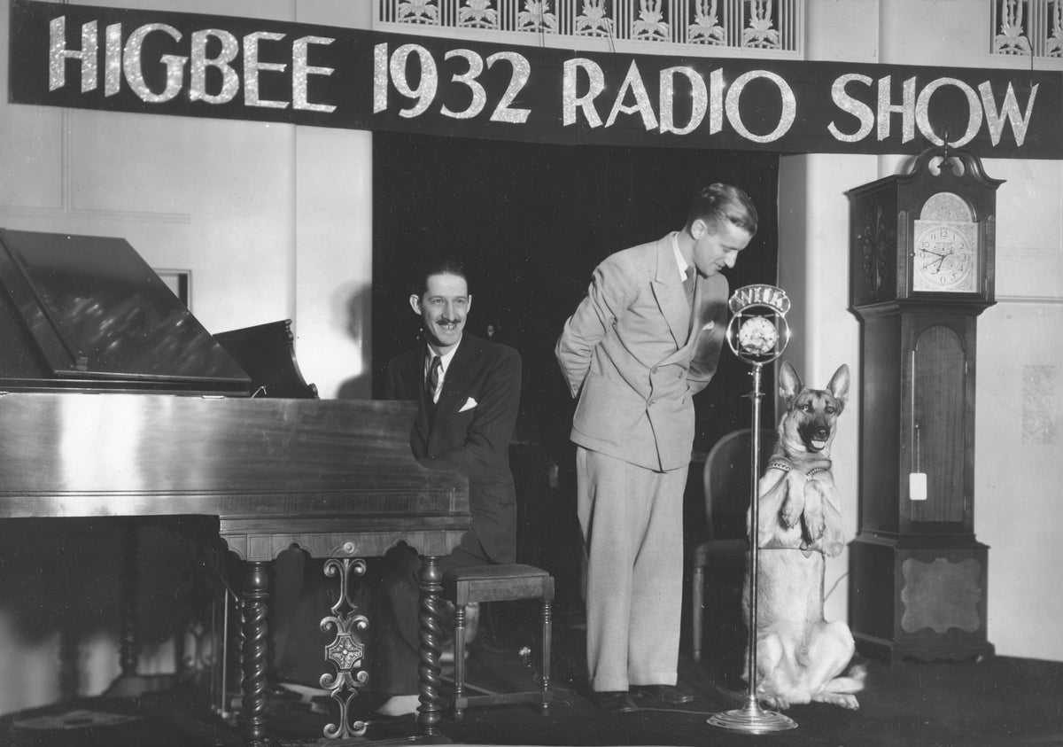 The Higbee Radio Show in 1932, featuring Jimmy Ague at the piano, George Southerland announcing and the movie dog Silver King. Courtesy Barbara Rendina