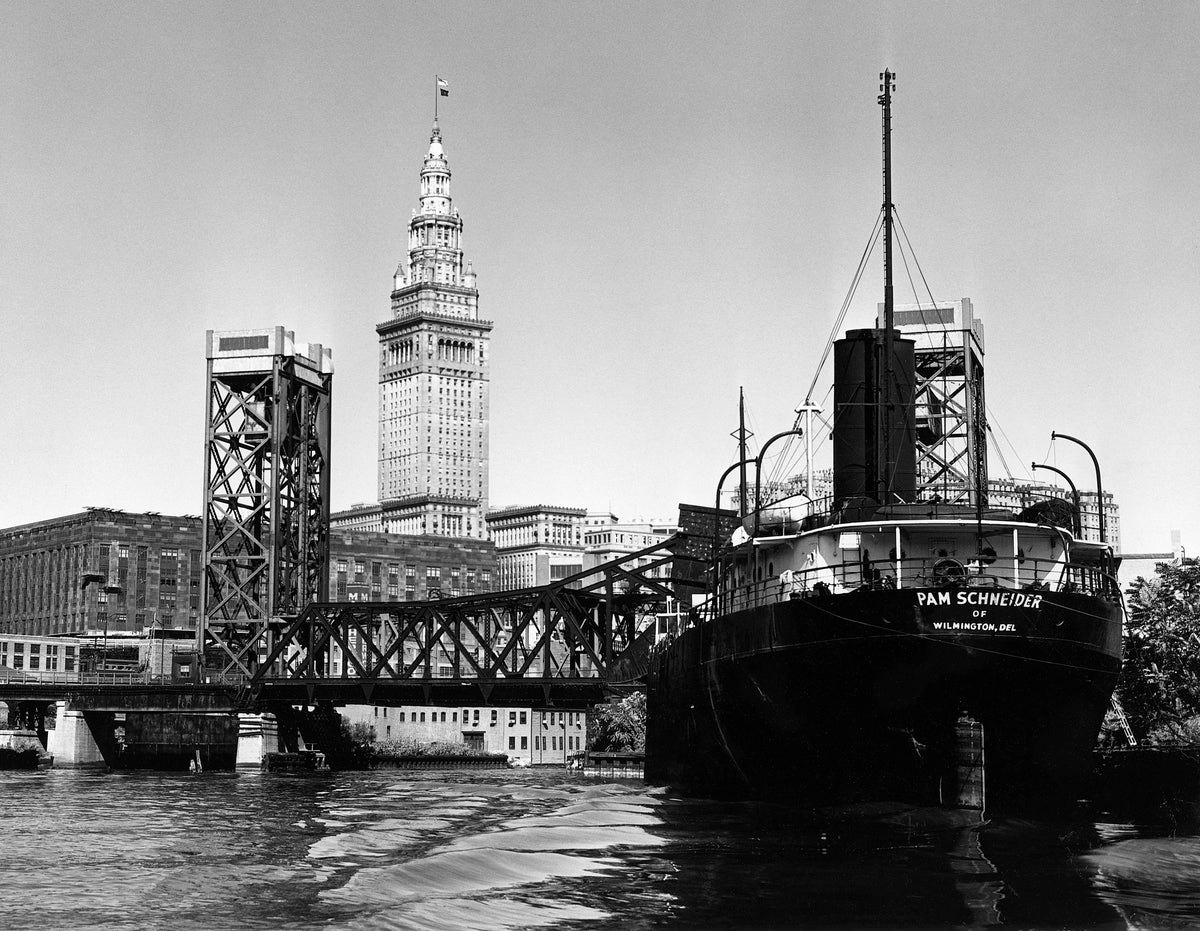 Eagle Avenue Bridge on the Cuyahoga River in the Flats with Terminal Tower in the background, circa 1955. Courtesy Anonymous Donor