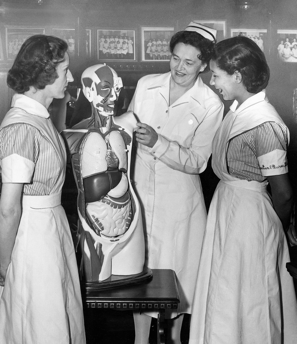 Central School of Practical Nursing students, January 1951. Stella Klora (left) and Etta A. Creech (right) with director Ernestine Lee. Central School was at 10912 Morrison Avenue. Courtesy Cleveland Public Library Photograph Collection/#SCL005887