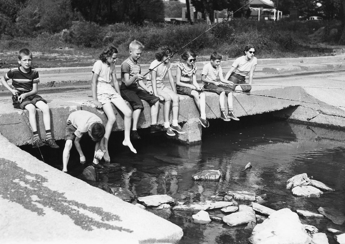 Youngsters fishing off ford at Rocky River Reservation, August 1951. Courtesy Cleveland Public Library Photograph Collection/#SCL011825