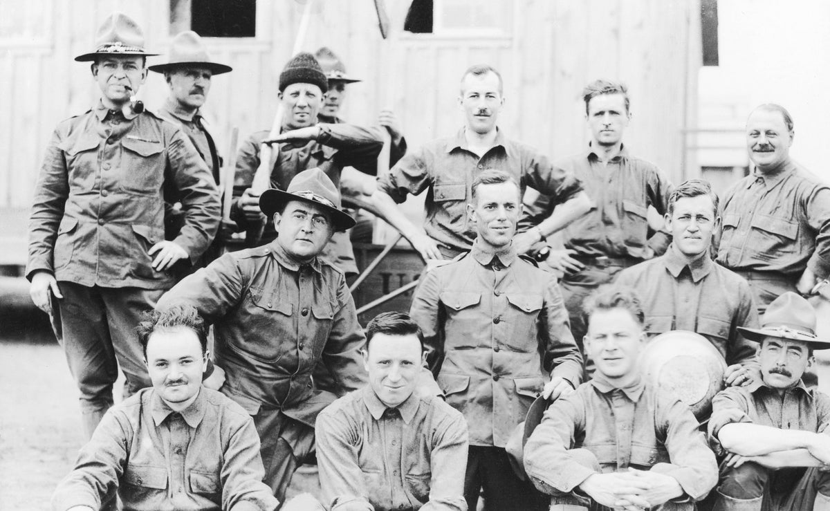 The 15th company, second provisional training regiment at Plattsburgh barracks, circa 1917. Surnames include Church, Perry Wrenn, Piper, Latzer, Volz, Lieberman, and Arnold. Courtesy anonymous donor