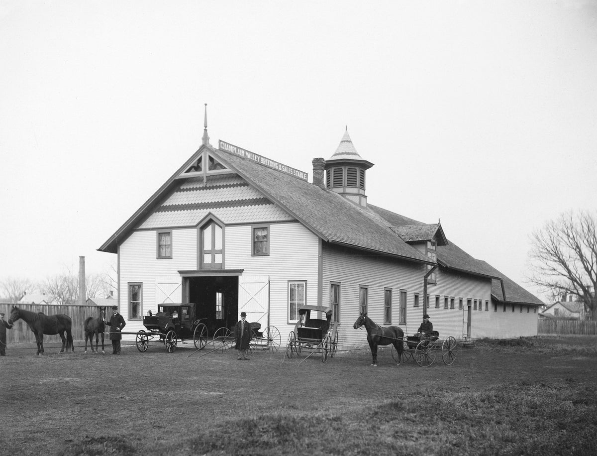 The Champlain Valley Breeding and Sales Stable on Oak Street in Plattsburgh, circa 1900. Courtesy Jean Raymond