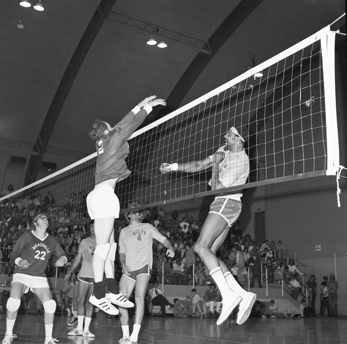 NBA legend "Big Dipper" Wilt Chamberlain participating in a volleyball match with his four-man "Litter Dippers" team versus the Meadville YMCA team at David Mead Field House, May 27, 1972. Courtesy Meadville Tribune