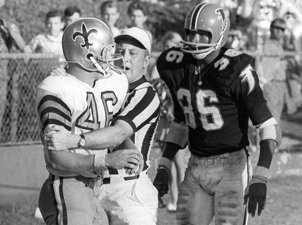 Saints receiver Danny Abramowicz and Falcons defensive back Ken Reaves get into a scuffle in the end zone on Nov. 20, 1967. G. E. Arnold