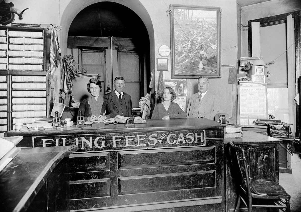 County Clerk’s Office located in the Denton County Courthouse, circa 1930. The man on the far right is Erl Ross, chief deputy clerk. Courtesy Denton County Office of History and Culture / #CC.1999.16.166