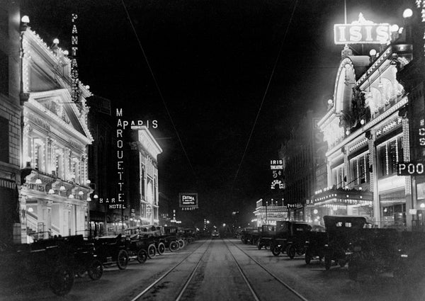 The bright lights of Theater Row in 1914. This view of Curtis Street is looking toward Eighteenth Street from Seventeenth Street. Courtesy Sallie C. Lewis