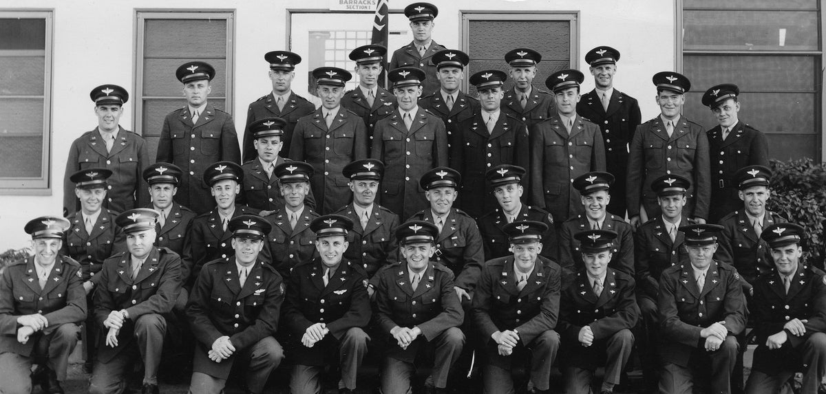 Donald Larson (below the single person in the top row) in a group of 34 Air Force colleagues in their uniforms in the mid-1940s. He returned to New Sweden Twp after the war. Courtesy Nicollet County Historical Society