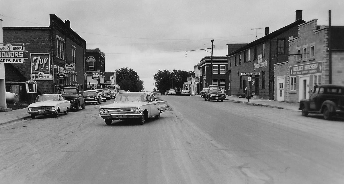 The Nicollet, MN business district from near the intersection at 3rd St. (Hwy 99) & Ash Street, 1960. Courtesy Nicollet County Historical Society