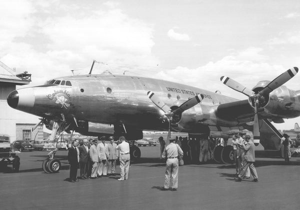 Cameramen photographing the Columbine II, President Eisenhower’s personal plane, and the advance party’s arrival in Denver to set up the summer White House at Lowry Air Force Base, June 16, 1954. This was the first aircraft to use the Air Force One call sign, holding the designation until it was replaced by the Columbine III in November 1954. COURTESY THE DENVER POST VIA GETTY IMAGES, DEAN CONGER, #DPL_0918864