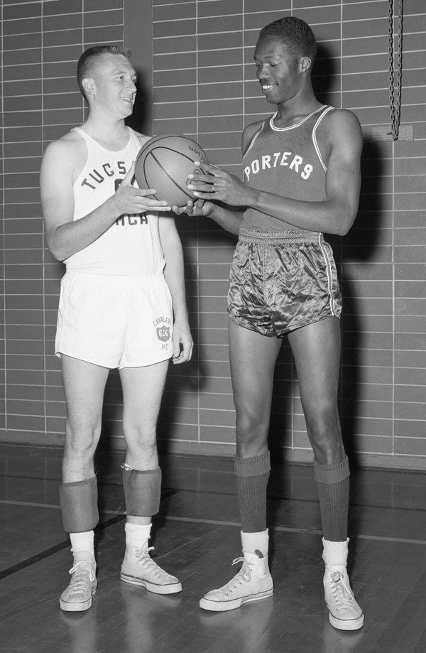 Ed Nymeyer, left, and Ernie McCray, former Arizona basketball star, right, in March, 1961 in Tucson. Courtesy Arizona Daily Star