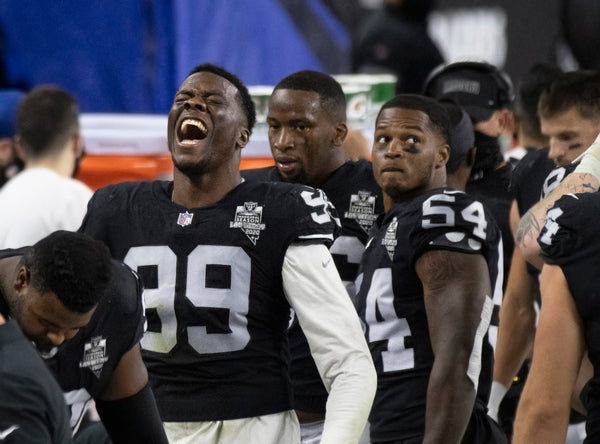 Las Vegas Raiders defensive end Arden Key (99) celebrates after making a big defensive stop in the fourth quarter during an NFL football game with the New Orleans Saints onSept. 21, 2020, at Allegiant Stadium in Las Vegas. Benjamin Hager/Las Vegas Review-Journal