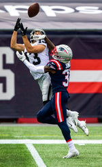 Las Vegas Raiders wide receiver Hunter Renfrow (13) prepares to catch the ball as New England Patriots free safety Devin McCourty (32) and New England Patriots defensive back Jonathan Jones (31) close in during the second quarter of an NFL football game on Sept. 27, 2020, at Gillette Stadium in Foxborough, Mass. Heidi Fang/Las Vegas Review-Journal