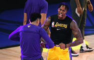 Game 1 of the NBA Finals hadn’t even started but Danny Green, left, and Dwight Howard were already pumped up and ready to go for the Lakers. Wally Skalij / Los Angeles Times